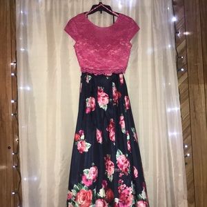 Pink and Blue Floral Prom Dress